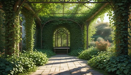Fototapeta premium A peaceful, secluded garden with ivy-covered trellises and soft sunlight filtering through the leaves, providing a sanctuary for quiet reflection, Generative AI