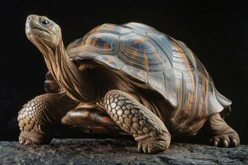 Obraz premium A large tortoise is standing on a rock. The tortoise is brown and black with a white spot on its head. Black background