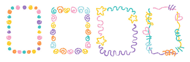 Crayon kids frame set with flowers, hearts, stars. Children hand drawn ornament. Doodle decorated border. Baby scribbles for your design, school or kindergarten photos. Vector illustration 