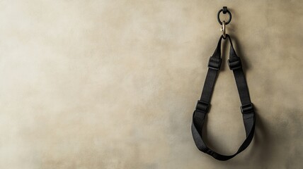 Black dog harness hanging on hook against beige wall