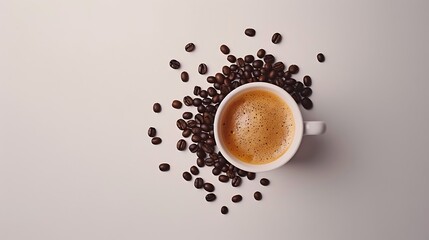 Coffee cup and beans for boutique coffee shop menu, social media graphics, banners, coffee brand promotions, caf website design.