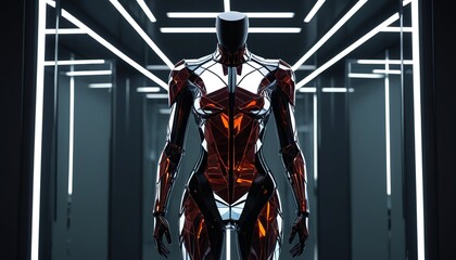 Obraz premium A futuristic suit made of reflective mirror shards, arranged in geometric patterns to create a sharp, edgy look, displayed on a hanger, Generative AI
