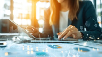 Modern fintech professional analyzing data on a digital tablet in a sleek office environment, surrounded by greenery and technology, highlighting innovation and focus.