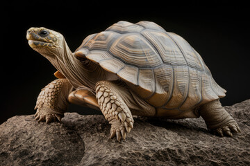 Fototapeta premium A turtle is standing on a rock. The turtle is brown and has a hard shell. The turtle is looking up at the camera