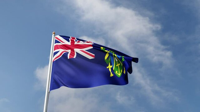 flag of pitcairn island on a blue sky, waving in the wind, national symbol of pitcairn island, tall flagpole, video of a flag on the sky