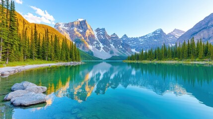 Obraz premium Mountain Lake with Snow-Capped Peaks Reflected in Sunrise Glow