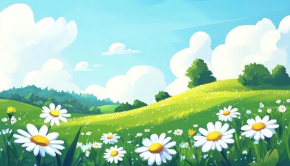 Fototapeta premium A Lush Green Meadow with Daisies Under a Blue Sky