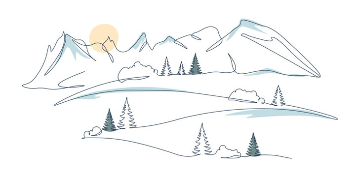 Winter mountain landscape with fir trees. Illustration in one continuous line with colored elements. Minimalistic hand drawing. Snow on peaks. Single line panoramic sketch. Vector on white background.