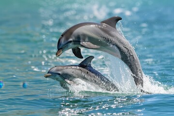 Obraz premium Dolphins interact playfully in warm ocean waters during a sunny day showcasing their curious nature and social behavior