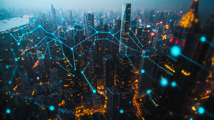 Obraz premium Smart digital Innovation Business skyscrapers in the Financial District with connection network reciprocity over the cityscape. of future smart wireless digital city and social media networking