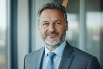 Fototapeta premium Close-up headshot Confident European mature, good looking middle aged leader, male businessman CEO on blurred office background. Handsome senior European businessman smiling at camera