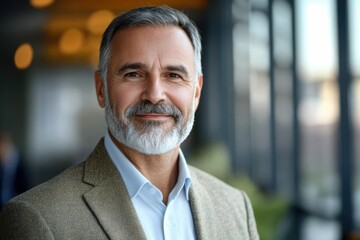 Fototapeta premium Close-up headshot Confident European mature, good looking middle aged leader, male businessman CEO on blurred office background. Handsome senior European businessman smiling at camera