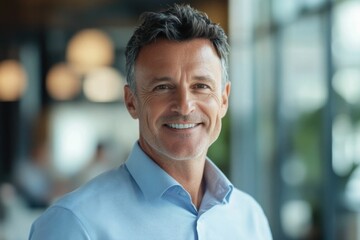 Fototapeta premium Close-up headshot Confident European mature, good looking middle aged leader, male businessman CEO on blurred office background. Handsome senior European businessman smiling at camera