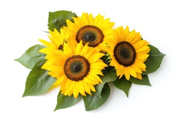 Obraz premium Three vibrant sunflowers with leaves arranged in a circular pattern on a white background.