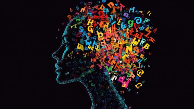 A profile of a head with a burst of colorful letters exploding from it