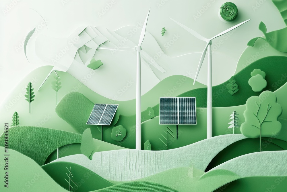 Aufkleber this artwork showcases a harmonious blend of solar panels and wind turbines set against an abstract 