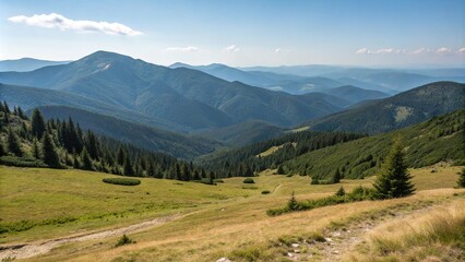 Obraz premium Mountainous terrain of the Ukrainian Carpathian Mountains under a clear blue sky, scenery, panoramic, view