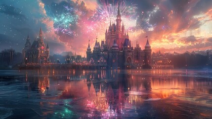Fototapeta premium A magical castle illuminated by fireworks at sunset.