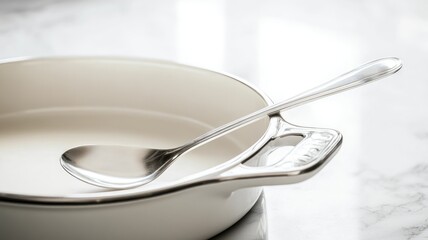 Silver spoon resting on white ceramic dish marble surface
