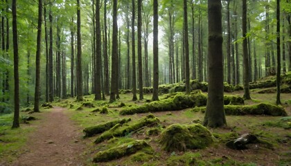 Obraz premium Idyllic forest with tall trees and moss-covered ground, crossed by a narrow path in soft light