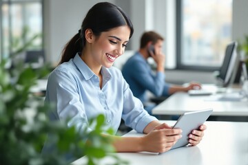 Obraz premium Smiling Businesswoman Using Tablet in Modern Office Environment