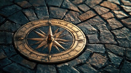 Obraz premium Bronze compass rose embedded in cobblestone pavement under warm light