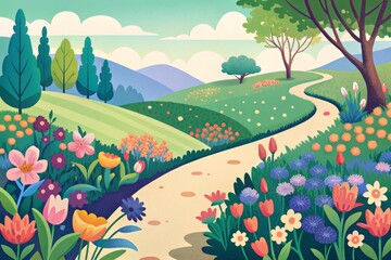 A serene pathway through a vibrant flowering meadow under a bright blue sky