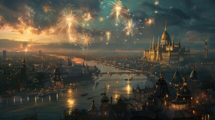 Obraz premium A vibrant cityscape at dusk, illuminated by fireworks and reflections.