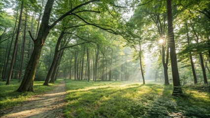 Obraz premium Panorama of a serene forest with sunlight filtering through the trees, creating dappled patterns on the forest floor, landscape, dappled, sun, foliage