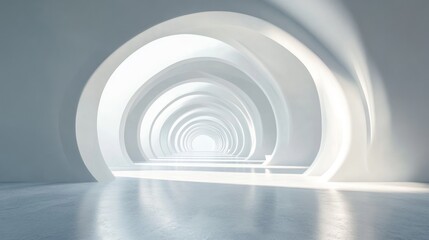 Obraz premium A long, white corridor with a series of arches leading to a bright light at the end.