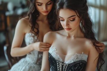 Bridesmaid helping bride fasten corset of wedding dress