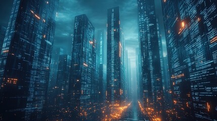 Fototapeta premium Futuristic cityscape with sleek skyscrapers and neon lights, concept for business innovation, technology and urban development