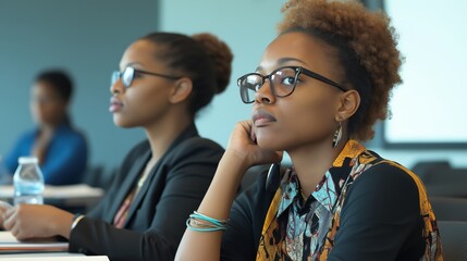 Fototapeta premium Two professional black women attentively participating in a modern training session, taking notes and engaging thoughtfully in a bright conference room with a collaborative atmosphere