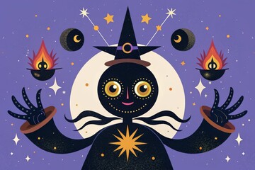Fototapeta premium Magical wizard spreading joyful light under a starry sky at twilight