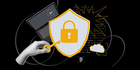 Concept of cybersecurity and personal data protection. Shield with digital lock. Trendy pop art collage search concept. Halftone hands. Modern retro textured vector illustration