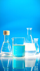 Laboratory glassware against blue background isolated with white highlights, png