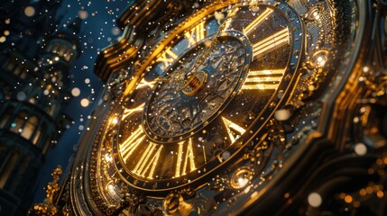 A close-up of an ornate clock with golden details and snowflakes.