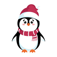 Cute penguin with red scarf and hat, Vector