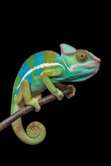 Obraz premium A green and blue chameleon is perched on a branch. The chameleon is looking at the camera. Black background