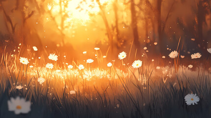 Naklejka premium Warm golden hour sunset casts a soft focus glow on a serene meadow of white flowers and grass, surrounded by blurred forest tranquility. Golden Hour Meadow. Illustration