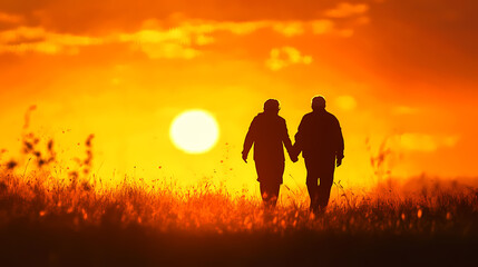 Fototapeta premium Silhouette of an elderly couple holding hands while walking in a field at sunset. Golden Hour Meadow. Illustration