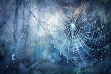 Mystical morning dew adorning a delicate spider web in enchanted forest