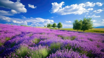 Fototapeta premium Lush lavender field under vibrant blue sky with scattered clouds and distant trees