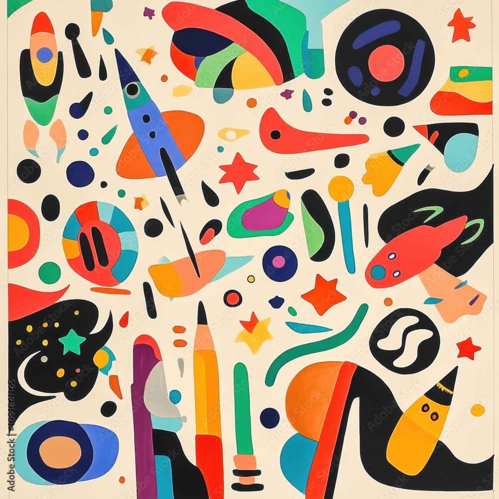 Poster whimsical abstract doodles feature planets, stars, rockets, and astronauts in a playful arrangement,