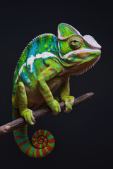 Obraz premium A green and white chameleon is sitting on a branch. The chameleon is colorful and has a unique pattern. Black background