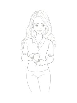 recommend clip art: Coffee break office worker woman phone scrolling app feed black and white 2D line character. Blonde female employee mug holding isolated outline person. Monochromatic spot illustration