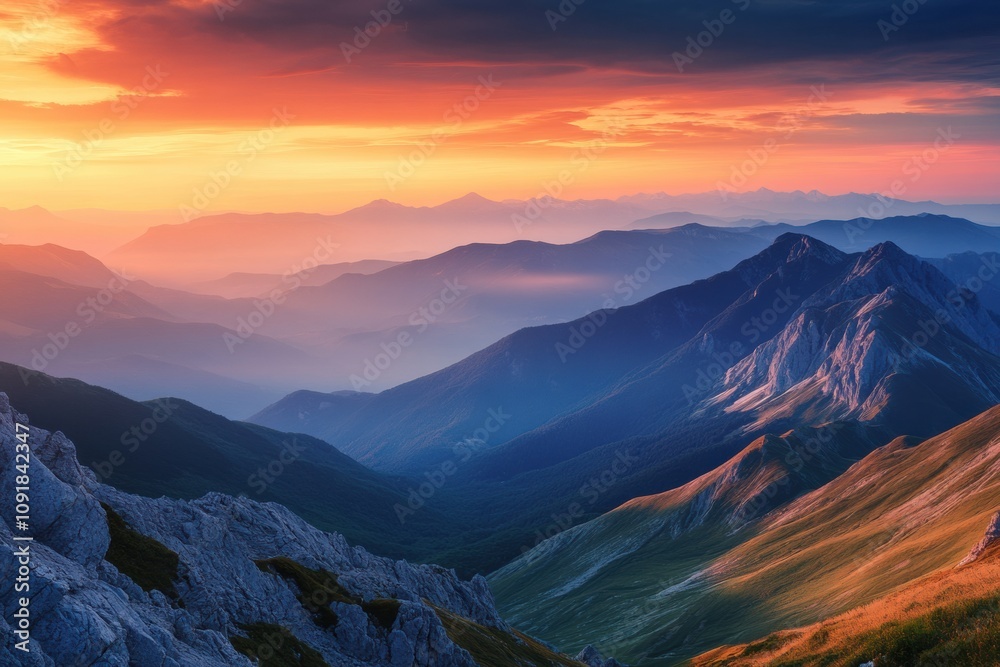 Poster the mountain landscape glows with warm hues as the sun sets, creating a picturesque view of ridges a