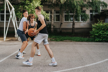 Friends playing an energetic basketball game at an old neighborhood court, highlighting teamwork and camaraderie in a casual urban setting with lush greenery.
