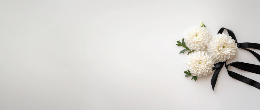 White chrysanthemums or daisies with black ribbon on white background. Template banner funeral mourner symbol, for obituary, farewell services, condolences and funeral invitation with space for text