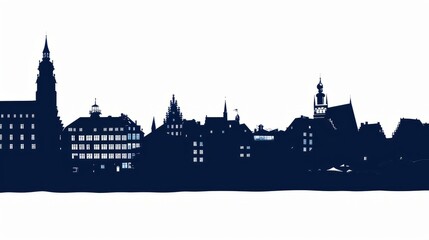 Fototapeta premium Silhouette of Basel skyline in navy blue against white background, cityscape outline with historic architecture